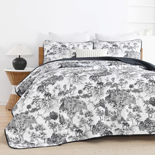 WONGS BEDDING Botanical Quilt Set King Size, Black 3 Pieces Toile Floral Plants Printed Bedspread Bedding Set Soft Lightweight Microfiber Coverlet Set for All Season (104"x90") WONGS BEDDING