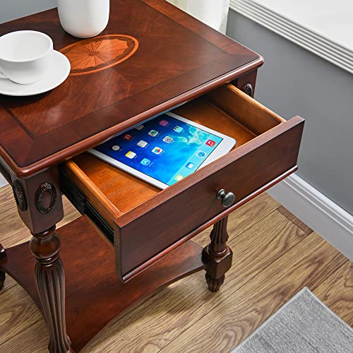 MODERION Solid Wood Side Table with Drawer and Storage Shelf, Traditional End Table, Narrow Telephone Nightstand, Carvings Elegant Vintage, for Living Room, Bedroom, Office Cherry Walnut GBJ1533WD MODERION