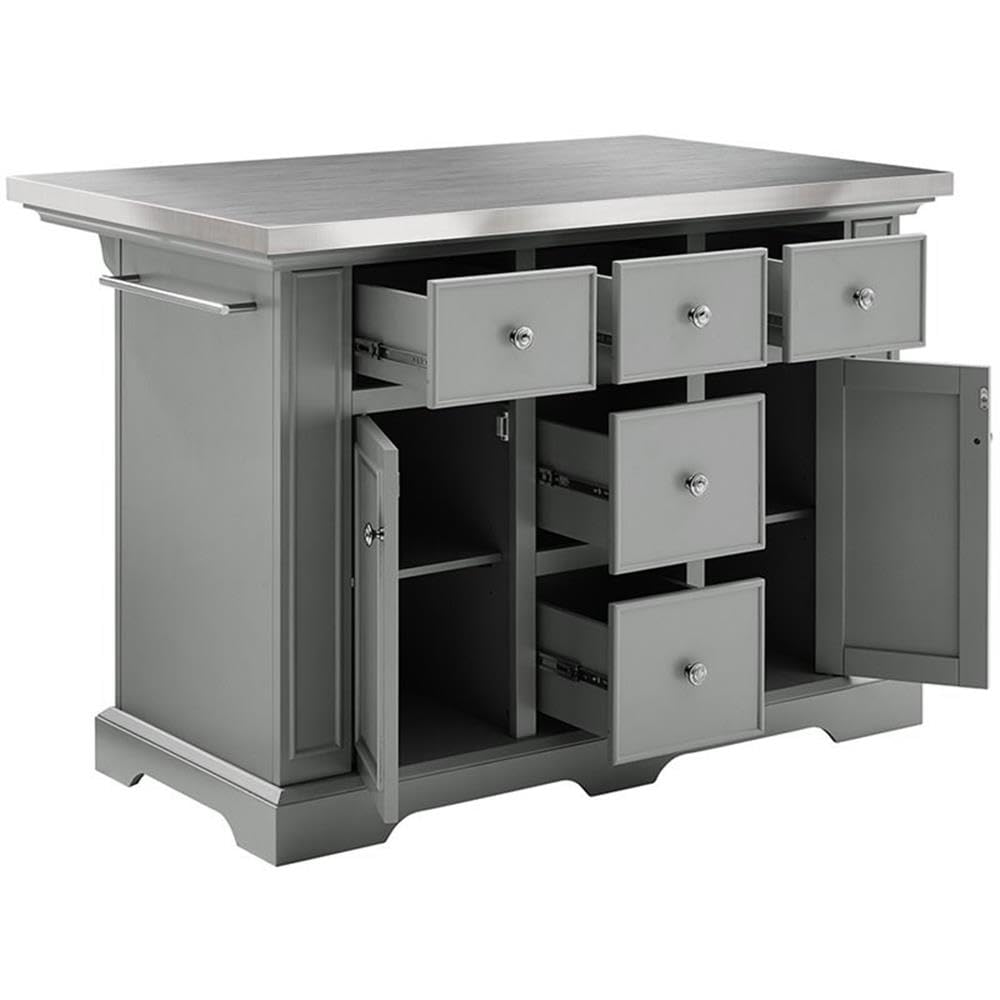 Pemberly Row Transitional Wood/Stainless Steel Kitchen Island in Gray/Chrome Pemberly Row