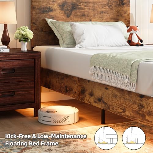 BarnFurin Floating Twin Bed Frame with Led Lights, Wooden Bed Frame with Reading Light Headboard, Heavy Duty Metal Slats, No Box Spring Needed, Easy Assembly, Rustic Brown BarnFurin
