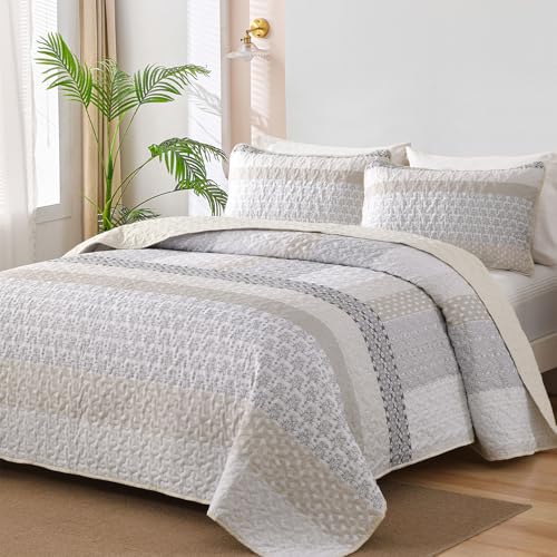 WONGS BEDDING Beige Quilt Queen Size, Bohemian Stripe Quilt Sets 3 Pieces Beige Boho Quilted Bedspread Set Lightweight Microfiber Coverlet Bedding Set All Season (96"x90") WONGS BEDDING