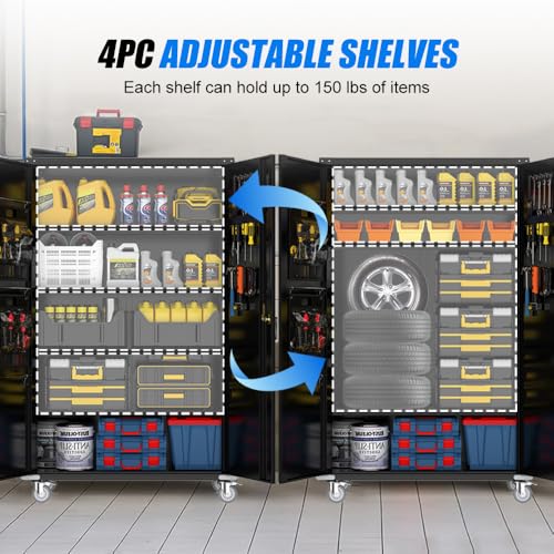 Yeeoy Wide & Deep Metal Garage Storage Cabinet with Pegboard & Adjustable Shelves, Lockable Storage Cabinet with Wheels, Tool Organization Cabinets for Office Garage Shop, 43''W x 22''D x 72''H Yeeoy