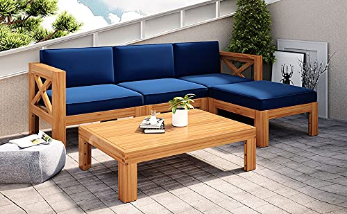 YSWH 5-Piece Patio Acacia Wood Outdoor Sectional Furniture Conversation Sets with Slatted Tabletop Tea Table and X-Back Wood Frame, Removable Cushions YSWH