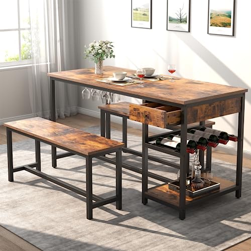 Dining Table Set for 4-6 People, 54.7" Kitchen Dinner Table with 2 Bench, Dining Room Tables Set with Storage Drawer & Shelf, 3-Piece Breakfast Nook Tables with Wine Rack &Glass Holder (Rustic) Gyfimoie
