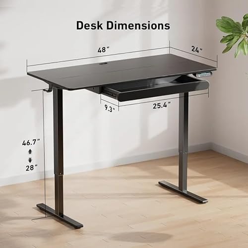 HUANUO Height Adjustable Electric Standing Desk, 48 x 24 inches, A Large Under-Desk Drawer (with Slide Rails), 4 Adjustment Memory Presets, Black HUANUO