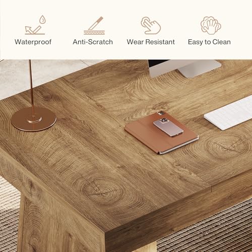 Tribesigns 55-Inch Executive Desk, Large Wood Office Computer Desk with Double Pedestal, Modern Minimalist Workstations Writing Table Conference Table Furniture for Home Office, Light Brown Tribesigns