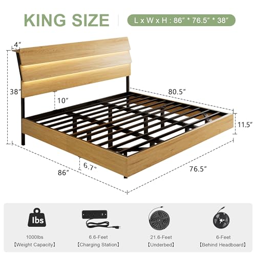 Feonase Floating Bed Frame King with Led Lights and Charging Station, Wood Full Size Bed Frame with Storage Headboard, Heavy Duty Metal Slats, No Box Spring Needed, Easy Assembly,Oak Feonase