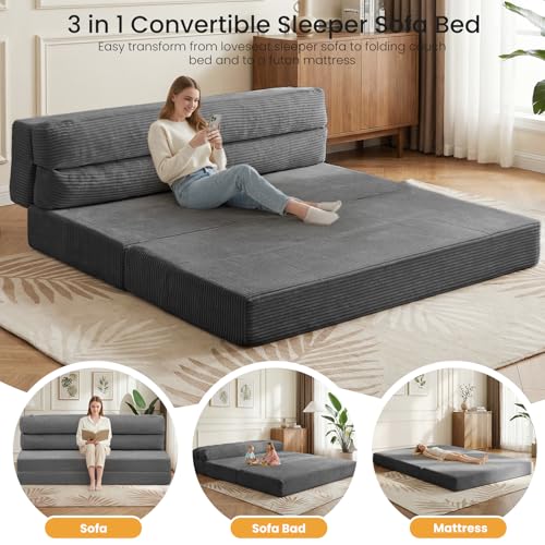 feliz home Convertible Sofa Bed with Metal Frame, Boneless Loveseat Sleeper Sofa Futon Sofa Bed Foldable Full Size Mattress for Living Room, Guest Room feliz home