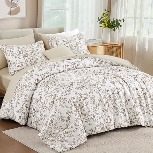 WONGS BEDDING Comforter Set King Size, 8 Pieces Brown Floral Botanical Comforter Sets, Bed in a Bag Soft Lightweight Microfiber Bedding Sets for All Seasons (90"x104") WONGS BEDDING