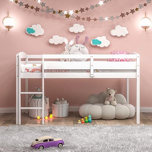 Giantex Twin Loft Bed with Ladder, Wood Low Profile Loft Bed with 30" Clearance & Safety Guard Rails, Space-Saving Loft Bed Frame for Kids Teens Junior, No Box Spring Needed, Kids Bed Frame, White Giantex