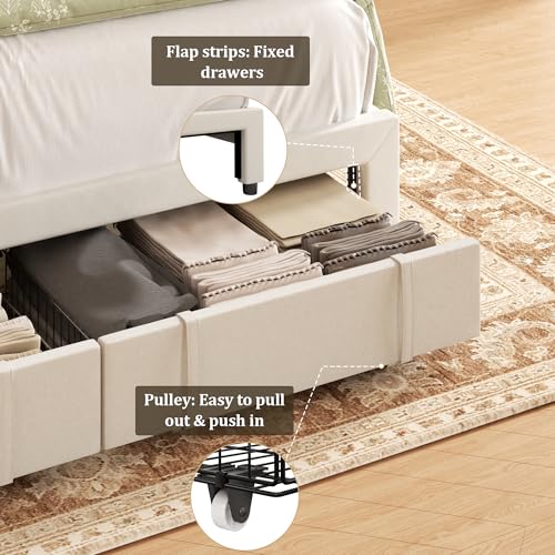 Full Bed Frame with Storage Drawers, Velvet Upholstered Full Size Platform Bed with 47" Tall Headboard and Wingboard, No Box Spring Needed, Noise Free, Easy Assembly, Wooden Support Slats, Beige viplov