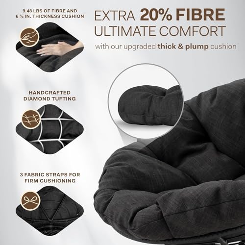 Bme 40" Ergonomic Wicker Papasan Chair with Soft Thick Cushion & Frame, 360° Swivel Papasan Chair, Circle Chair, Reading Chair, Comfy Chair for Living Room, Bedroom, Onyx Stone - Black Base Bme