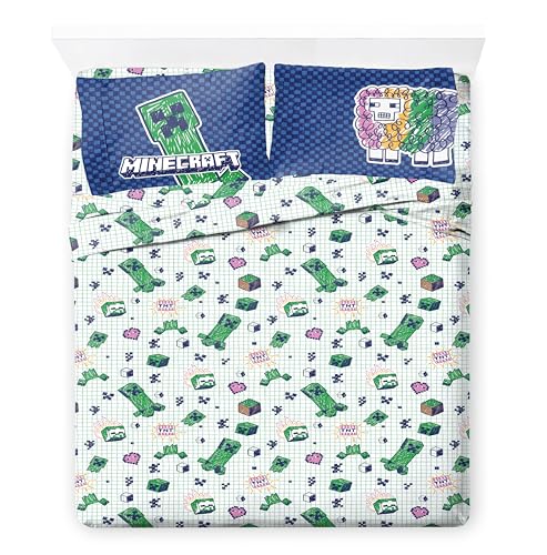 Jay Franco Kids Comforter Set Includes Sheets and Pillow Covers - Soft and Cozy Bed Set for Stylish Room Decor, Blue - Minecraft 02, 7 Piece Queen Bedding Jay Franco