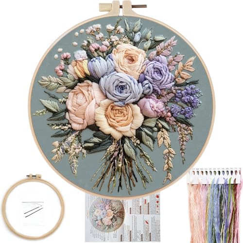 FONNUY Bouquet Flowers Embroidery Kit for Beginners, Pre-Stamped Pattern Kits for Adults with Hoop, Easy to Follow Color Thread Needlework, 8'' Hoop (Joyful Bouquet)