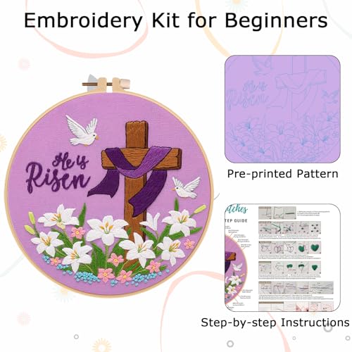 Nuberlic Lily Pattern Embroidery Kits for Beginner Adults, Cross Stitch Starter Kit with Embroidery Hoop Needles Threads Instruction -Easter Jesus