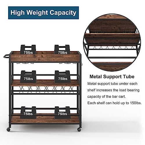BON AUGURE Bar Cart for The Home, Rolling Home Bar Serving Cart on Wheels, 3 Tier Liquor Beverage Cart for Home Bar with Wine Rack and Glass Holder, Rustic Oak BON AUGURE