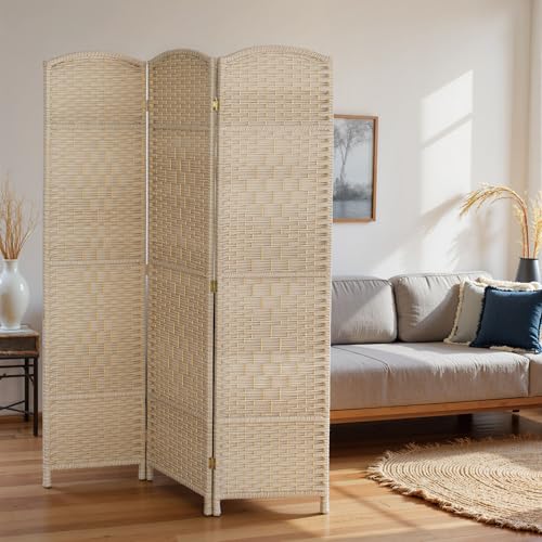 HOMCOM 3 Panel Room Divider, 6' Tall Folding Privacy Screen, Woven Freestanding Wall Partition for Home Office, Bedroom, Washed Oak HOMCOM