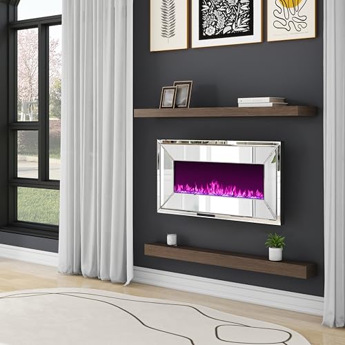 blingworld 36" Silver Mirrored Electric Fireplace, Modern Wall Mounted Electric Fireplace with Crushed Diamond Inlay, Freestanding Heater with Remote Control, 400 sq ft Heating Coverage blingworld