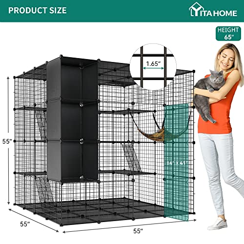 YITAHOME Large Cat Cage with Storage Cube DIY Indoor Catio Cat Enclosures Metal Cat Playpen with Large Hammock for 1-4 Cats 4 Tiers Cat Kennel YITAHOME