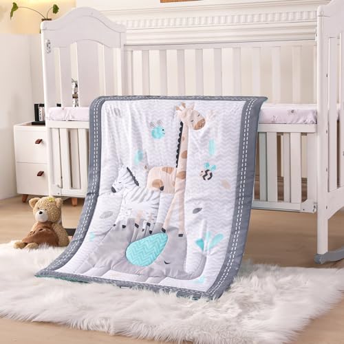 Wowelife Mini Crib Bedding Set Boy, 3 Piece Baby Bedding Set Nursery Bedding Set Elephant, Giraffe, Zebra Breathable Soft for Baby Boy with Comforter, Crib Fitted Sheet and Crib Skirt, Gray Wowelife