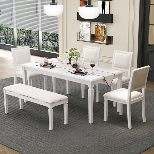 Hlcodca 6-Piece Extendable Dining Table Set with 4 Chairs & Bench, 59 to 72-Inch Rustic Farmhouse Kitchen Table Set with Distressed Finish and Retro Carved Legs (Beige+White Washed) Hlcodca