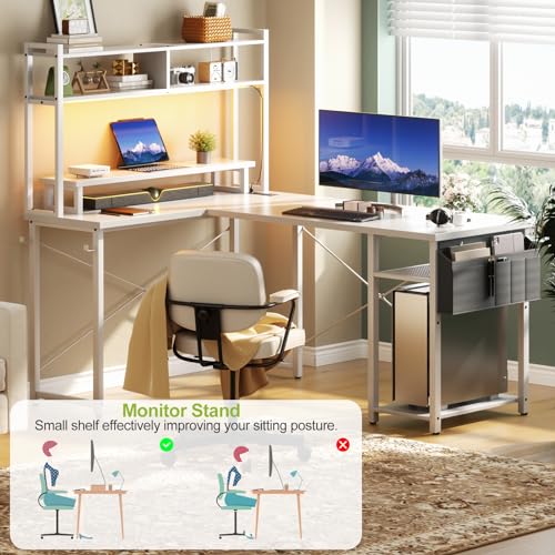 Besiost Small L Shaped Desk Gaming Desk with Power Outlets, 48" Reversible L Shaped LED Computer Desk with Monitor Stand & Storage Shelf, Corner Gamer Desk Home Office Desk with Storage Bag, White Besiost