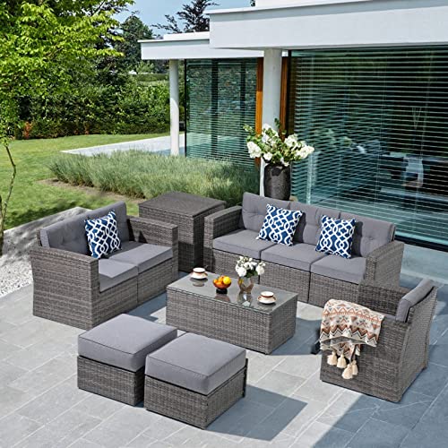 Super Patio 10 Piece Patio Furniture Set, PE Wicker Outdoor Conversation Furniture Set with Ottomans, Storage Box, Coffee Table, Cushions, Clip, Sectional Rattan Sofa for Garden, Porch, Backyard, Grey Super Patio