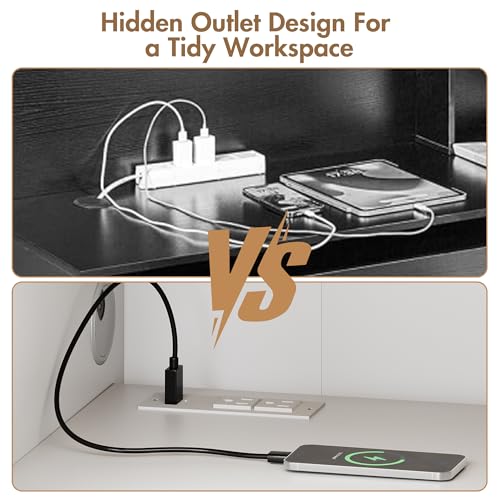 Kikihouse Modern Reception Desk & DIY Metal Strips, Front Desk with LED Light and Hidden Power Outlet, Reception Counter Table for Checkout, Office, Lobby, Nail Salon Spa (White) Kikihouse