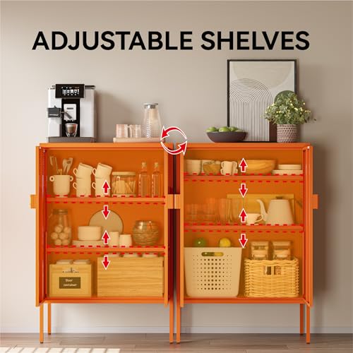 COFaR Orange Metal Storage Cabinet, 47”H Vibrant Coffee Bar & Buffet Sideboard with Adjustable Shelves, Fun Kitchen Organizer, Ventilated Steel Cabinet with Magnetic Doors for Dining Room, Office COFaR