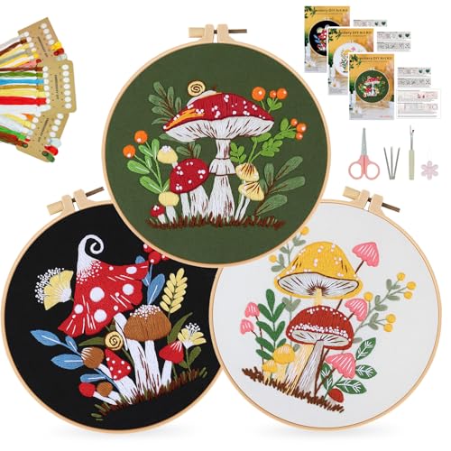 SunorthLife Embrodiery Kit for Beginners, Embrodiery Starter Sets for Adults Including Embrodiery Patterns, Threads, Needles, Hoop (Mushroom)
