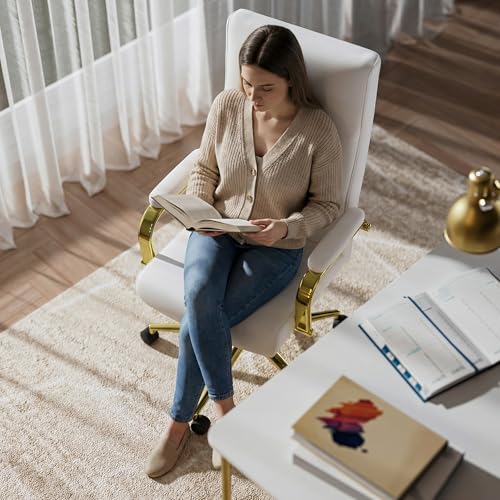 GXJ White and Gold Office Chair Memory Foam, White Leather Computer Desk Chairs with Wheels and Arms, High Back Executive Office Chair for Girl and Women GXJ