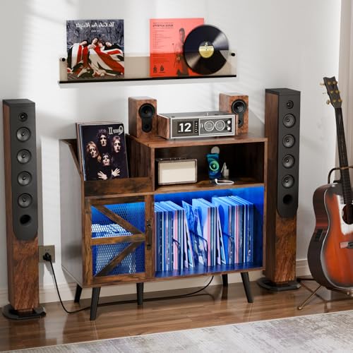Loomie Large Rustic Record Player Stand with Power Outlet & LED Light, 350 Vinyl Record Storage Cabinet with Magnetic Door, Turntable Table with Wood Legs for Living Room (Rustic) Loomie