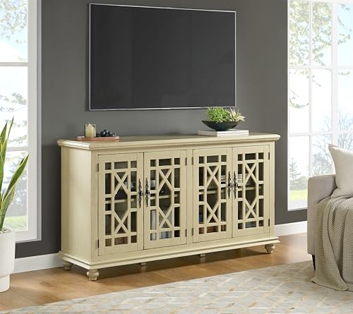 Martin Svensson Home Orsey 63" Solid Wood TV Stand - Antique Cream White Finish - Rustic Style and Parisian Design Inspired - with Two Spacious Cabinets with Adjustable Shelves for Storage. Martin Svensson Home