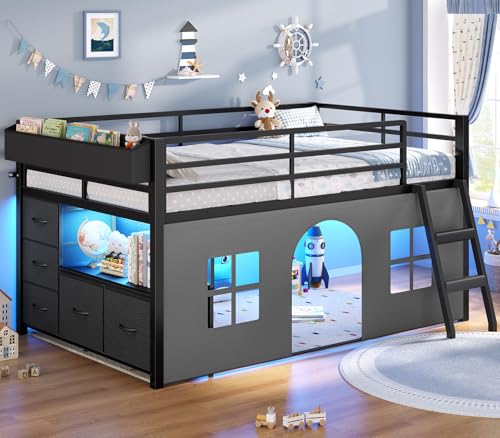 ADORNEVE Low Loft Bed Twin Size with Tent, 5 Storage Drawers, LED Lights, Metal Kids Loft Bed with Bookcase & Under-Bed Play Space,Twin Loft Beds with 13.8''H Safety Guardrail,Inclined Ladder, Black ADORNEVE