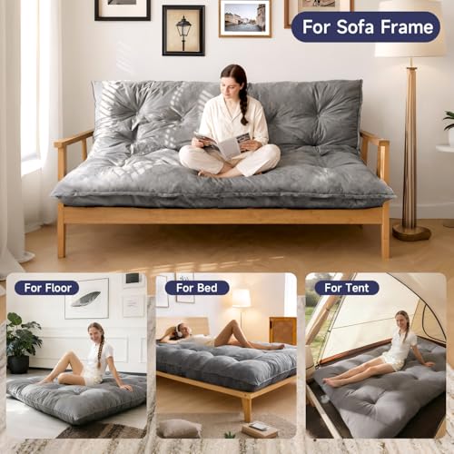 KOSRLY 6" Futon Mattress Full Size, Tufted Futons Sofa Couch Bed with Twisted Rope Design Edging,Versatile Floor Mattress for Adults,Shredded Foam Filling (Frame Not Included Gray, Full) KOSRLY