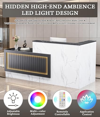 Easilywinlife Ultral 70.87IN Modern Wooden Commercial L Shaped Reception Desk with Counter, Lockable Drawers, Door Cabinet, Front Desk for Checkout, Salon, Black and White with Light, Left Cabinet