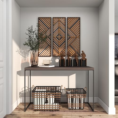 Deco 79 Wood Geometric Home Wall Decor Slatted Wood Design Wall Sculpture, Set of 3 Wall Art 12"W, 35"H, Brown Deco 79