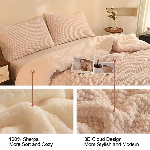 LLanCL 3D Jacquard Design Comforter Set, Ultra-Soft Warm King Size Sherpa Fur Plush 3-Pieces Sets Luxury Cozy Bedding with 2 Pillowcases (104"x90", Cream White) LLanCL
