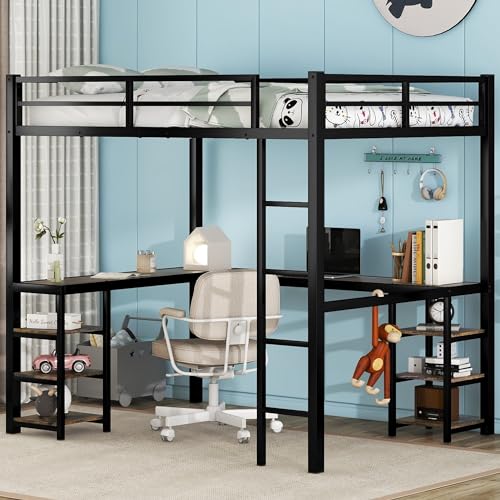 Full Size Loft Bed with Desk and Storage Shelves, Heavy Duty Metal Loft Bed with L-Shaped Desk and Ladder, Full Size Loft Bed for Kids, Teens, Black Loft Bed Full Size Bellemave