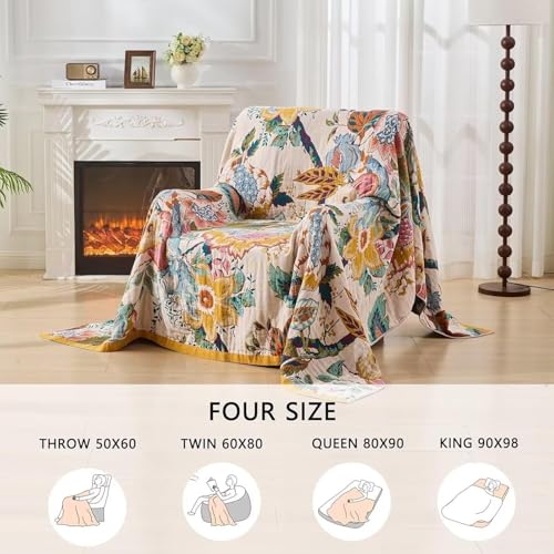 ERZVND Boho Throw Blanket Farmhouse Decor Throw Blanket Bohemian Blanket for Bed 100% Cotton Muslin Woven Couch Blanket All Seasons Quilt Bedroom (Beige, 50"x60") ERZVND