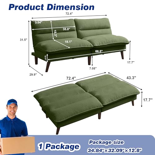 Chireca 72" Futon Sofa Bed, Convertible Futon Couch with Adjustable Backrest, Modern Corduroy Sleeper Sofa for Small Spaces, Living Room, Office, Green Chireca