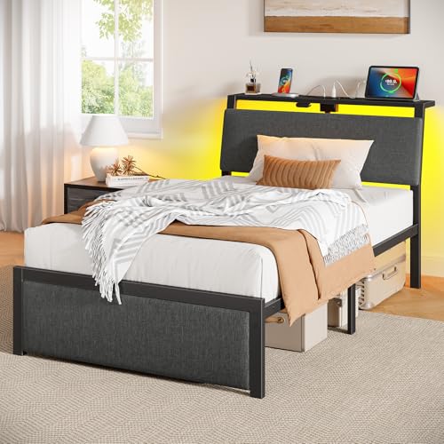Rolanstar Twin Bed Frame with Ergonomic Headboard Storage & Charging Station, Upholstered Platform Bed with LED Light & Drawer, Heavy Duty Metal Slats, Noise Free, No Box Spring Needed, Grey Rolanstar