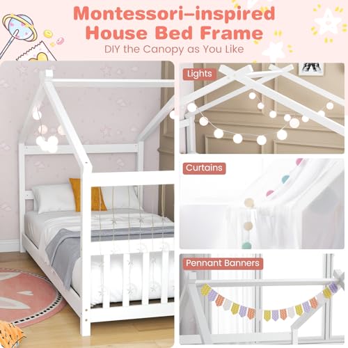 KOMFOTT Low Profile Twin House Bed Frame for Kids - Safe and Creative Wood Floor Bed with Roof and Headboard in White KOMFOTT