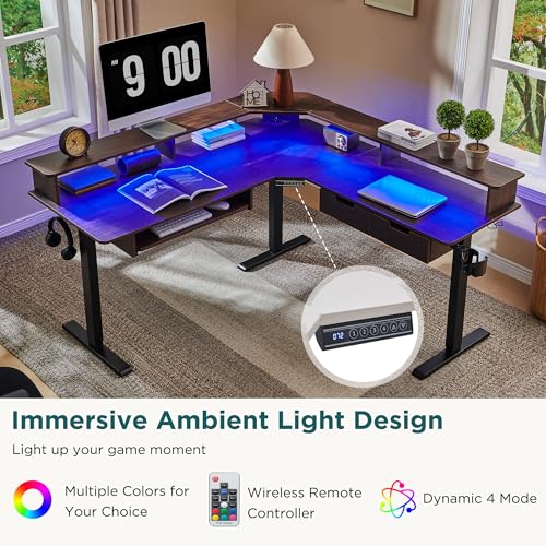 RedLemon 60 Inches L Shaped Electric Standing Desk, Height Adjustable Corner Gaming Desk with Drawers, Keyboard Tray, Power Outlets & LED Lights, Computer Desk with Monitor Shelf, Dark Walnut RedLemon