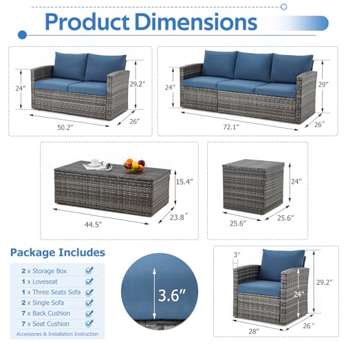 AECOJOY 7 Pieces Patio Furniture Set with Two Storage Boxes&Patio Set Cover, Outdoor Rattan Conversation Set,All-Weather PE Wicker Sectional Sofa Outdoor Furniture, Grey Rattan&Dark Blue Cushions AECOJOY