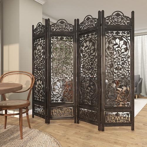Deco 79 Wood Floral Handmade Partition Room Divider Screen Foldable Partition Carved 4 Panel Privacy Screen, Room Partition 80" x 1" x 72", Black Deco 79