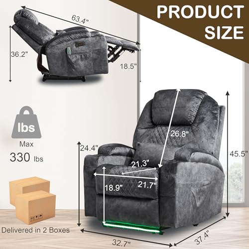 IBTKIG Power Recliner Chair with Massage and Heat, Electric Recliners with LED Lights/Lumbar Pillow/Cup Holders/Side Pocket/USB Port, Home Theater Seating for Living Room(1, Velvet Gray)