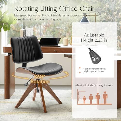 HULALA HOME Faux Leather Home Office Chair with Solid Wood Legs, 360° Swivel Desk Chair No Wheels with Bentwood Design, Mid-Century Modern Wide Seat Computer Task Chair, Black HULALA HOME