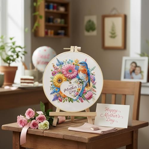 DIYDeligths Embroidery Kit for Beginners and Adults Mother's Day DIY Hand Cross Stitch Needlepoint Set with 7.87in/20cm Round Hoop (Bird)