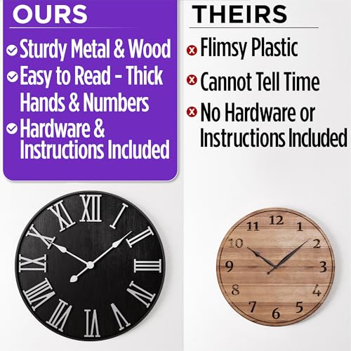 Large Wall Clock 24" Round - Silent Metal & Wood Large Clock - Farmhouse Wall Clock Large - 24 Inch Wall Clock For Living Room Decor - Big Wall Clock Roman Numerals - Wall Clocks For Living Room Decor HB Design Co.